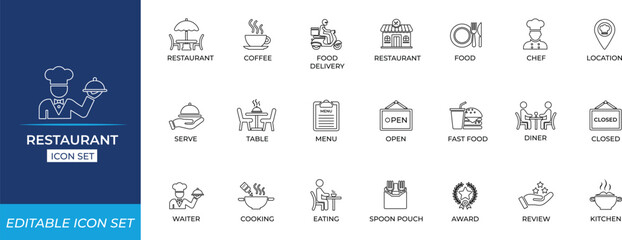 Restaurant line icon set featuring food service, waiter, review, reception, open, service, children, ,delivery, and hospitality graphics for branding 