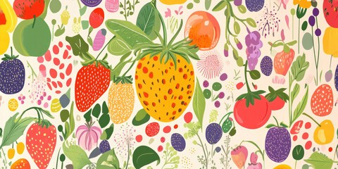 A whimsical pattern of fruits and flowers on a light background. Use for food art, textile design, or nature-inspired websites and blogs.