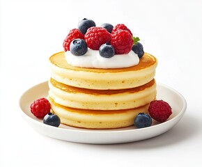 Stack of fluffy pancakes topped with fresh berries and whipped cream