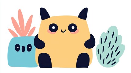 Cheerful Yellow Creature with Potted Plants Illustration, Generative AI.