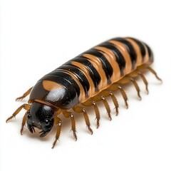 Close up of Black and Brown Segmented Insect on White Background, Generative AI.