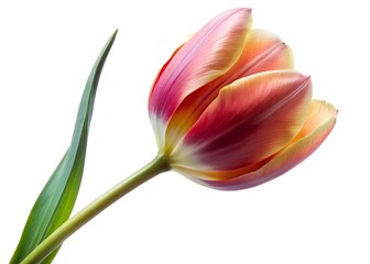 Fototapeta premium Single stem of tall and slender tulip on white, elegant, petals, colorful