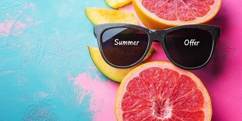 Summer offer text with orange or grapefruit slices on pink background. Food blogs,online food shops,websites with summer recipes, promotional websites,e-commerce platforms,social media advertising