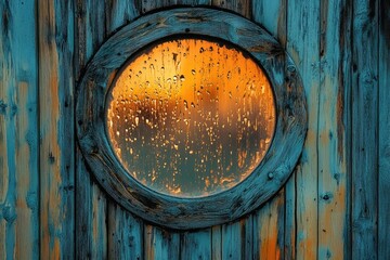 A round window on a weathered wooden door shows a sunset through rain-streaked glass.