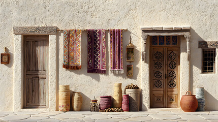 Beige Building Exterior with Colorful Rugs and Pottery