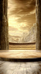 Golden Desert Landscape with Ancient Ruins at Sunset