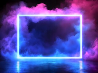 A futuristic glowing rectangular frame surrounded by colorful vibrant smoke