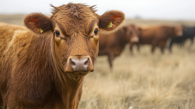A close-up of a brown cow in a field with other cows in the background. - Powered by Adobe