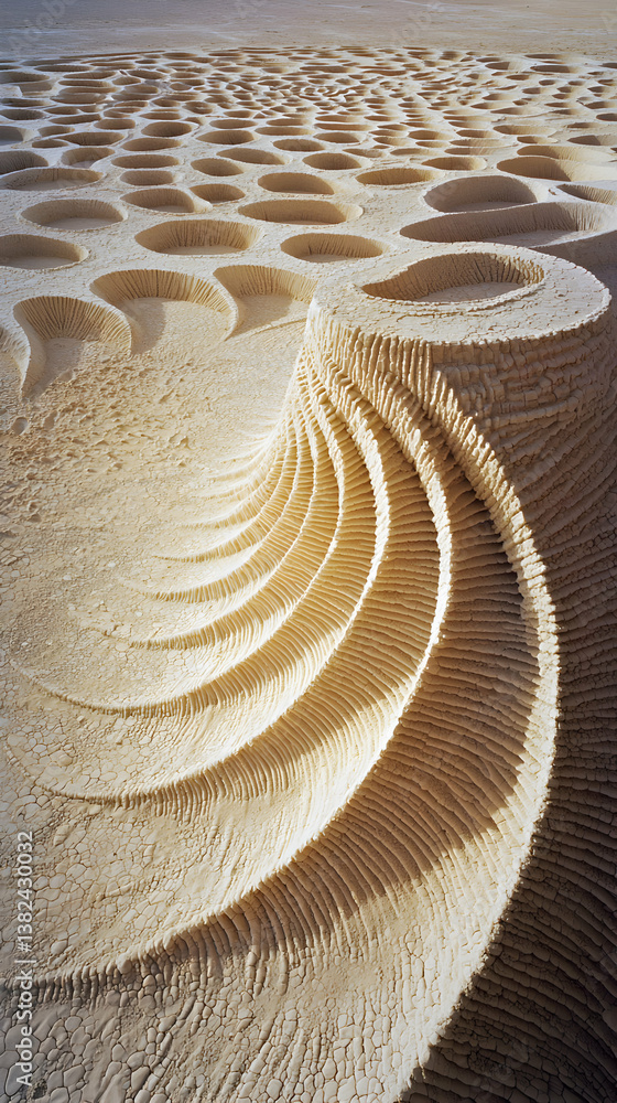 Poster beige stone abstract sculpture with intricate circular patterns and swirling curves