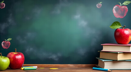 *Watercolor chalkboard background, blended green and black with playful colorful chalk drawings of apples and books, nostalgic and playful, education and learning concept* 