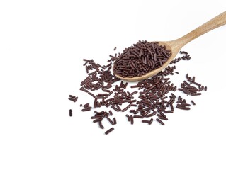 Chocolate meshes on wooden spoon isolated on white background 