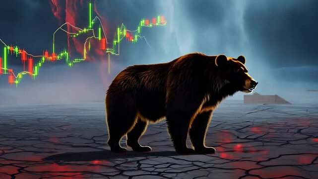 Bear walks over collapsing stocks in finance crisis. Finance landscape broken by unstable stocks activity. Stocks fall sharply while finance trembles under bear-driven pressure on stocks and finance
