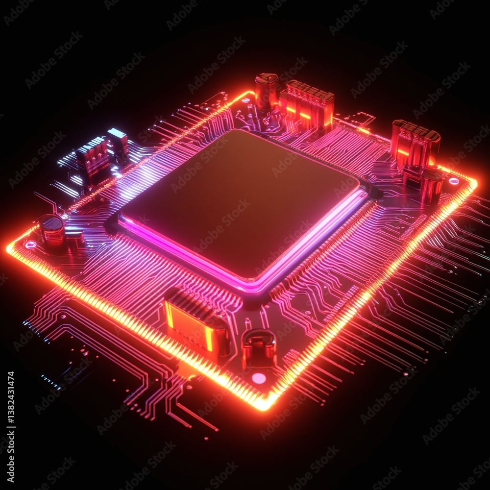 Poster glowing neon circuit board with central processing unit futuristic technology abstract background