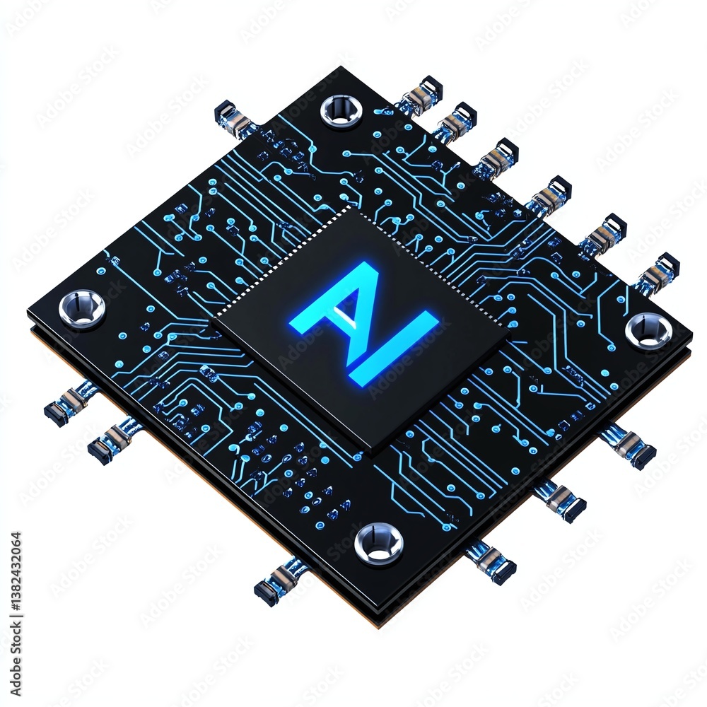 Poster advanced ai microchip futuristic technology circuit board with glowing ai symbol