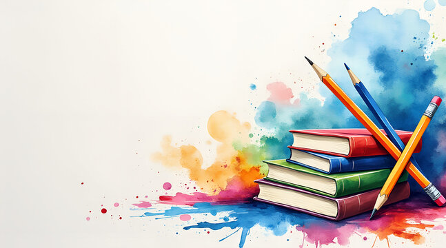 "Watercolor pencil and book background with vibrant colors, artistic learning theme and copy space"