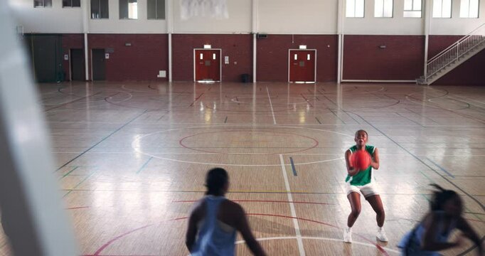 Women, basketball and team for sports, workout and practice for fitness in competition. African girls, training and player at court for exercise, dribble and athlete shoot for challenge in top view