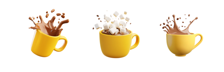 3D yellow mug overflowing with rich hot chocolate, one topped with fluffy marshmallows, capturing the pure joy of a cozy winter treat isolated on transparent background