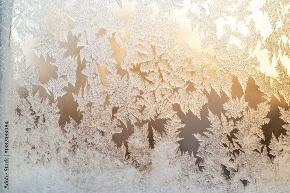 Poster intricate frost patterns adorn a windowpane, illuminated by warm sunlight, creating a beautiful wint