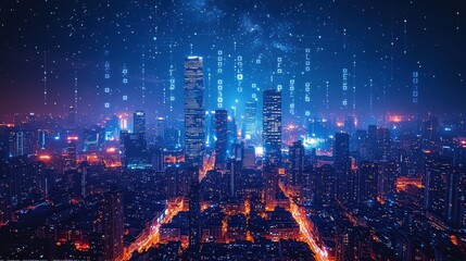 Fototapeta premium Nighttime cityscape with blue light trails and digital data streams illustrating technology integration in urban life. Glowing skyscrapers connected by neon data pathways symbolizing smart city.