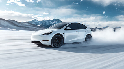Electric car driving on a snowy landscape with mountains in the background