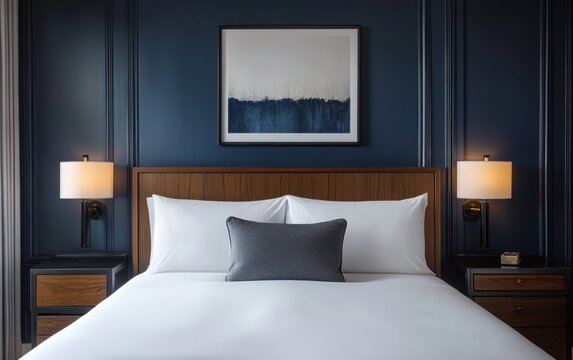 A luxurious hotel room interior with dark blue walls and soft lighting