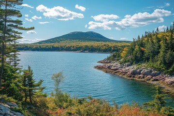 Obraz premium Isle Au Haut - Duck Harbor in Acadia National Park, Maine. Hiking Trail to Summit with Beautiful views and Mountain Bay