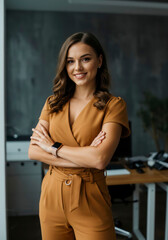 Fototapeta premium Elegant mature businesswoman with a warm smile, posing with arms crossed in a professional indoor setting.