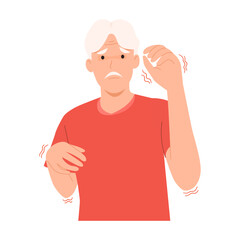 Vector illustration of an old man showing tremor, a symbol of Parkinson's disease and essential tremor. Symptoms are slow movement and muscle stiffness.