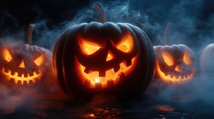Fototapeta premium Jack O Latern. Halloween Pumpkins with Carved Grimaces and Candles Inside Emitting Smoke in the Dark