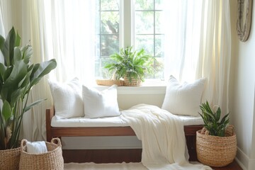 A serene window seat bathed in sunlight, adorned with fluffy white pillows and lush greenery, creating a peaceful and inviting atmosphere in a sunlit room.