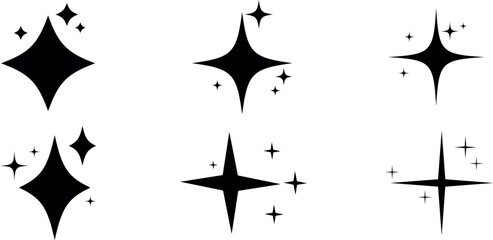 Set of sparkle star and twinkle stars icon collection. Black silhouette. Starburst Bling magic shine effect. Simple retro style Element for card, banner, icon, logo, poster design.