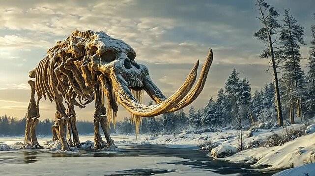 Giant prehistoric mammoth skeleton emerging from icy landscape under a cloudy sky