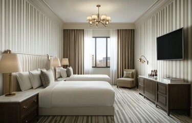 A luxury bedroom with twin beds and elegant furniture decor