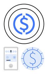 Central currency icon with concentric lines, digital interface featuring mic and settings, clock-style currency design. Ideal for finance, technology, automation, smart homes, banking, usability