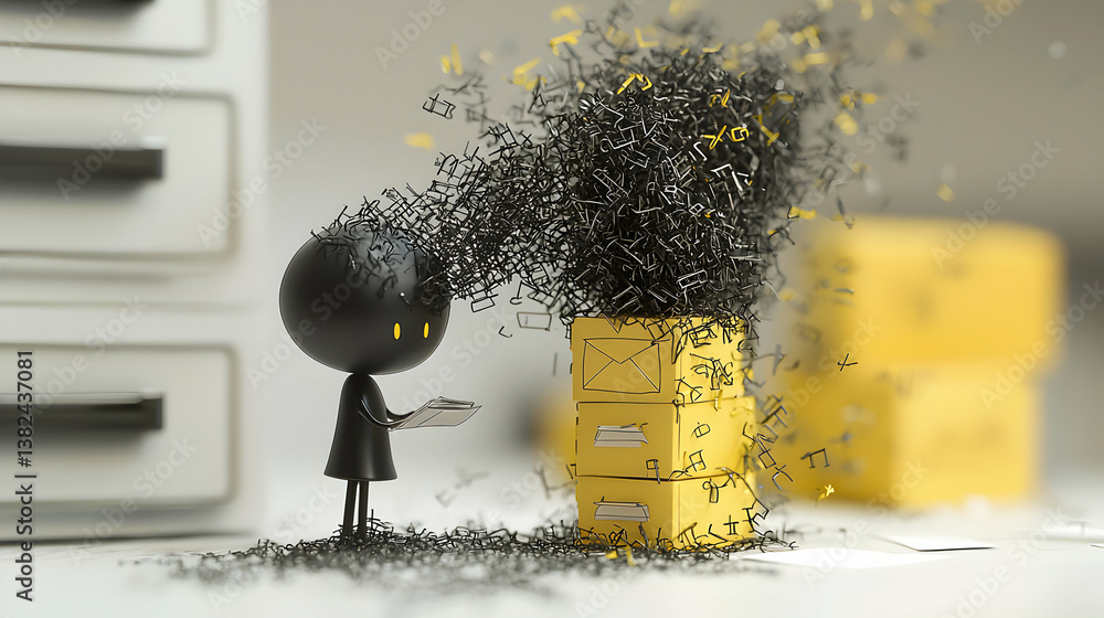 Poster black figure and yellow boxes with disintegrating particles