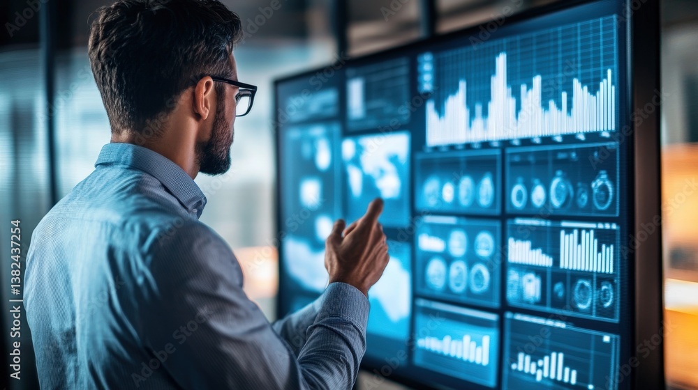 Poster a man is looking at data visualizations on a large screen