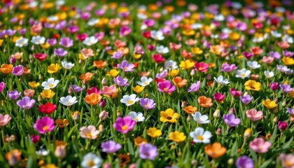 Fototapeta premium Colorful Spring Lush spring grass dotted with colorful blooming flowers, creating a vibrant and cheerful atmosphere.