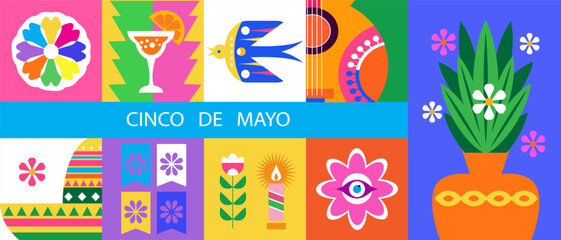 Cinco de Mayo banner  Guitar, pepper, sombrero, sea,  flower, papel picado , garland  Vector flat icon illustration