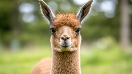 A close-up of a llama with a soft expression in a natural setting.