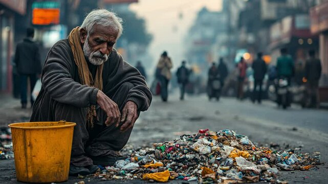 An old guy picking up trash in a crowded Indian street is a striking illustration of the brutal reality of poverty.