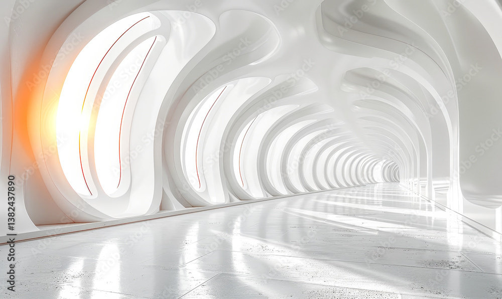 Poster futuristic white geometric 3d corridor with clean minimal design and soft sunlight - modern and tech