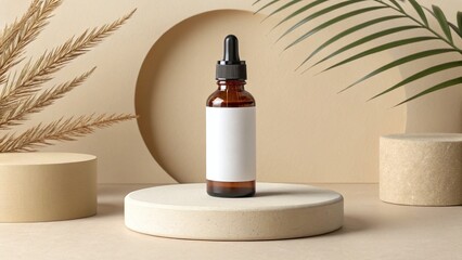 Amber Glass Dropper Bottle Mockup on Beige Minimalist Display with Palm Leaves and Dried Flowers