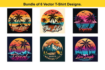 Bundle of 6 Vector TShirt Designs Tropical Sunset Beach Designs