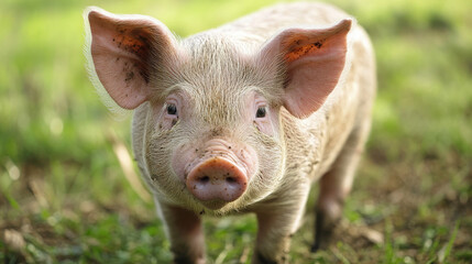 A close-up of a piglet in a grassy field, showcasing its curious expression.