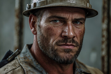 Obraz premium An industrial worker's intense stare. He wears a protective hardhat and has a rugged, weathered look, emphasizing resilience and dedication to the job.