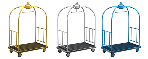 Set of Hotel luggage trolley cart for carrying baggage on white background. 3d render element of hotel service on vacation