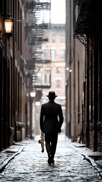 Fototapeta Man in Hat Walking Away in Snowy City Alley