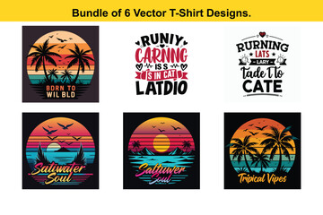 Bundle of 6 Retro Vintage TShirt Designs with Palm Trees Sunset Beach and Birds
