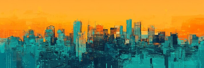 City skyline silhouette with orange sky and teal foreground in
