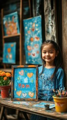 Young girl sitting at a table with a picture text mo